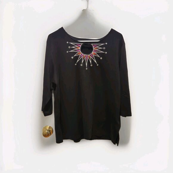 Bob Mackie Wearable Art Womens Top 1X Embellished Keyhole 3/4 Length Sleeve - Picture 1 of 5